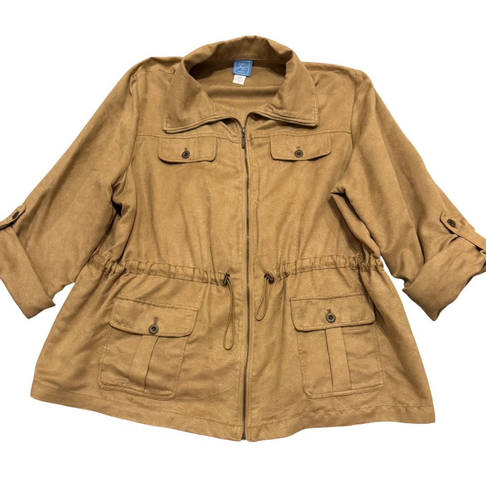 VTG Lark Lane Woman Tan Faux Suede Utility Jacket Zip Up Drawstring Waist 20W